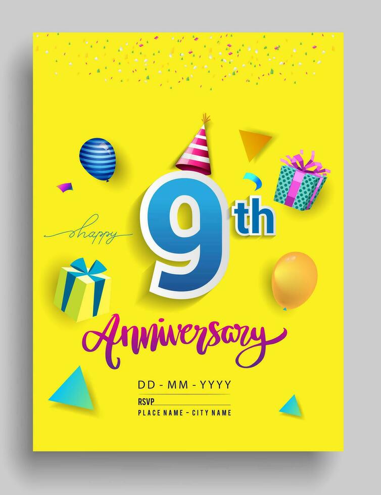 9:e år årsdag inbjudan design, med gåva låda och ballonger, band, färgrik vektor mall element för födelsedag firande fest.