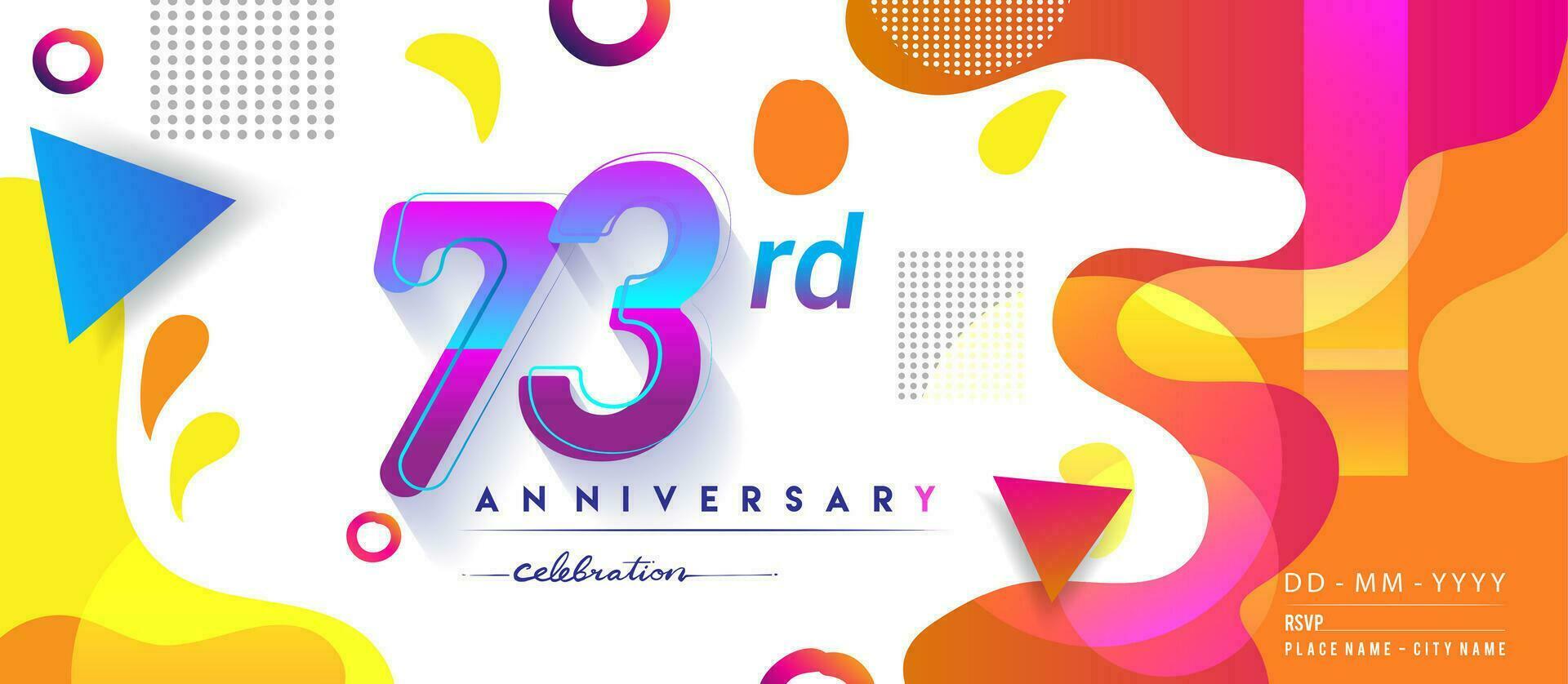 73: e år årsdag logotyp, vektor design födelsedag firande med färgrik geometrisk bakgrund och cirklar form.