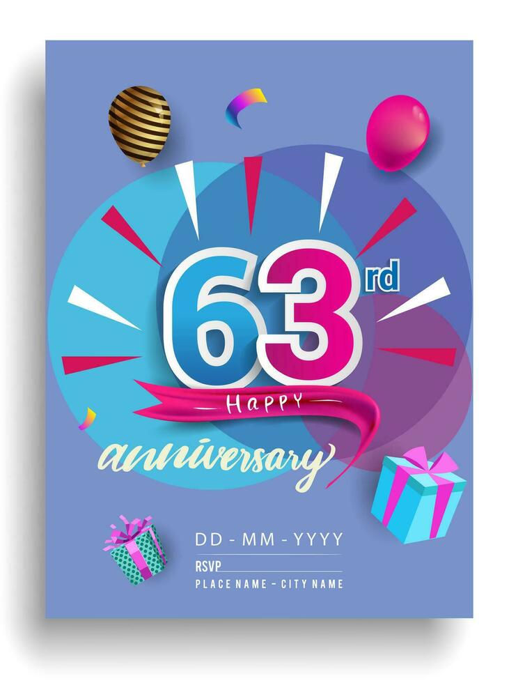 63 .. Jahre Jahrestag Einladung Design, mit Geschenk Box und Luftballons, Band, bunt Vektor Vorlage Elemente zum Geburtstag Feier Party.