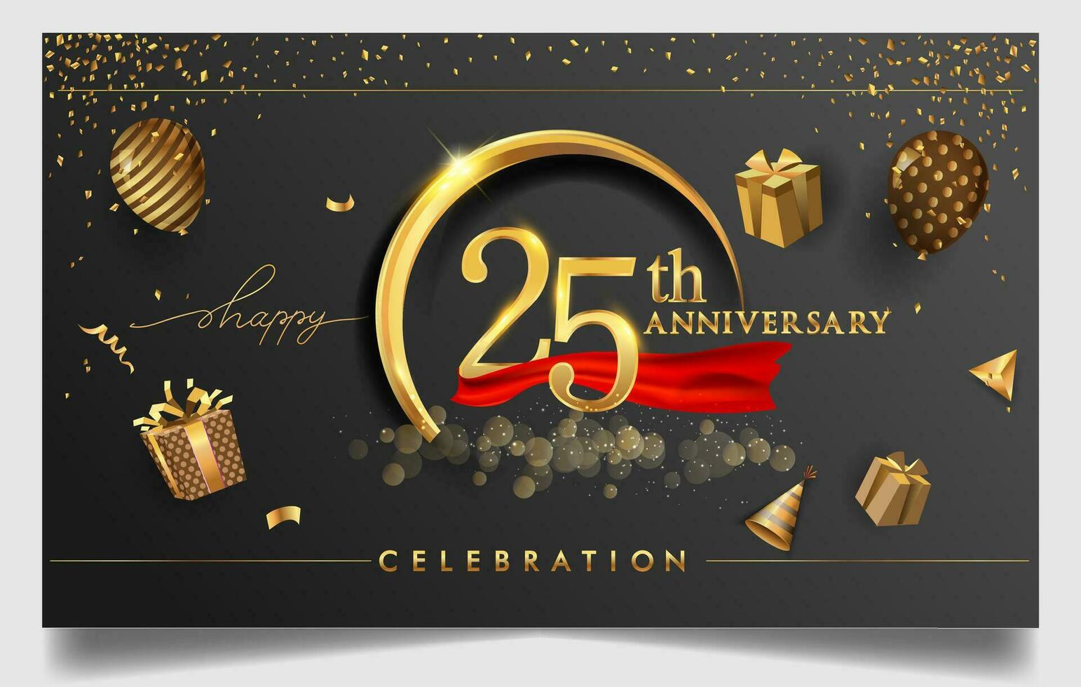 50 .. Jahre Jahrestag Design zum Gruß Karten und Einladung, mit Ballon, Konfetti und Geschenk Kasten, elegant Design mit Gold und dunkel Farbe, Design Vorlage zum Geburtstag Feier. vektor