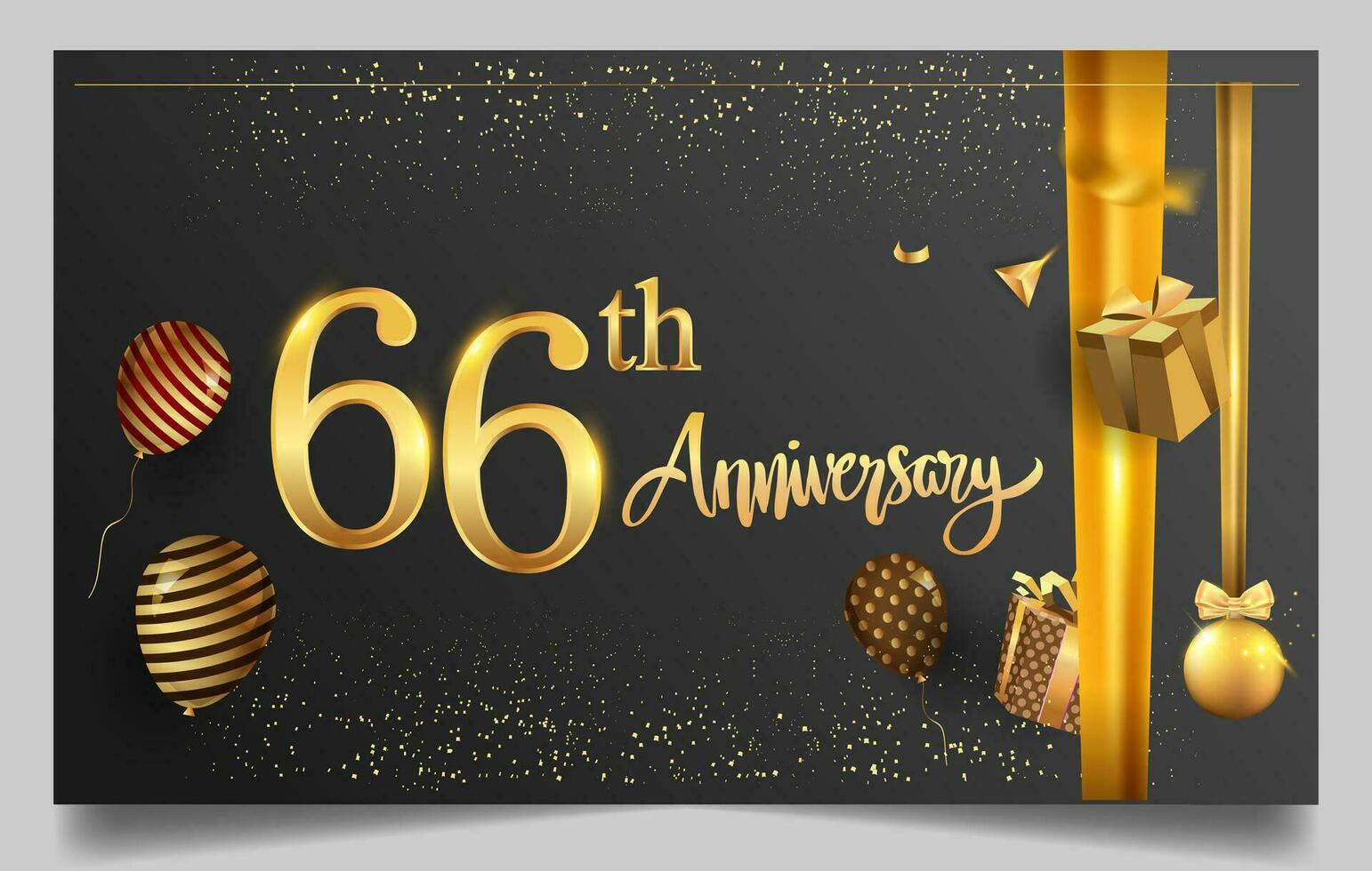 60:e år årsdag design för hälsning kort och inbjudan, med ballong, konfetti och gåva låda, elegant design med guld och mörk Färg, design mall för födelsedag firande. vektor