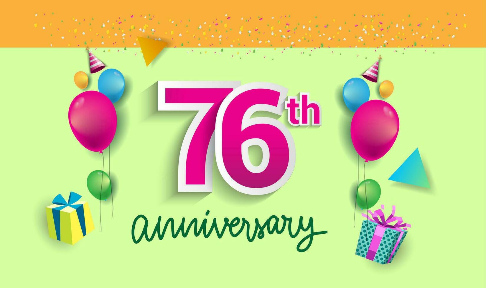 76 .. Jahre Jahrestag Feier Design, mit Geschenk Box und Luftballons, Band, bunt Vektor Vorlage Elemente zum Ihre Geburtstag feiern Party.