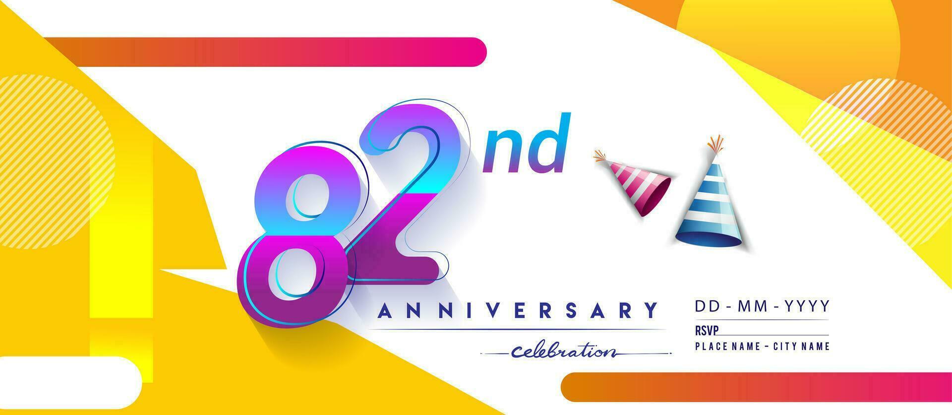 82 år årsdag logotyp, vektor design födelsedag firande med färgrik geometrisk bakgrund och cirklar form.