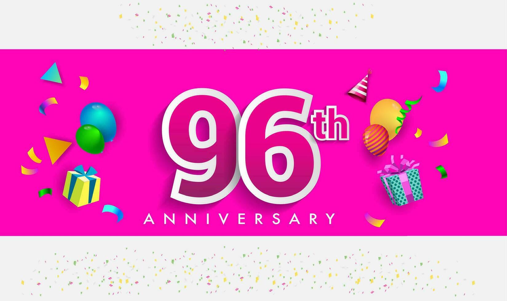 96 Jahre Jahrestag Feier Design, mit Geschenk Box und Luftballons, Band, bunt Vektor Vorlage Elemente zum Ihre Geburtstag feiern Party.
