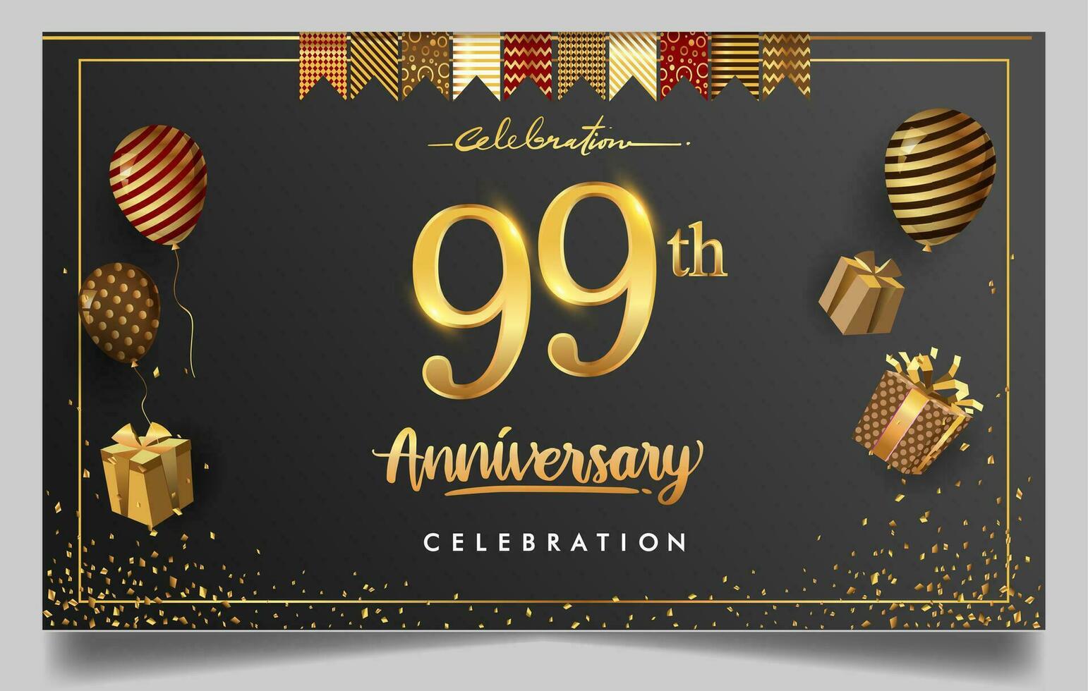 90 .. Jahre Jahrestag Design zum Gruß Karten und Einladung, mit Ballon, Konfetti und Geschenk Kasten, elegant Design mit Gold und dunkel Farbe, Design Vorlage zum Geburtstag Feier. vektor