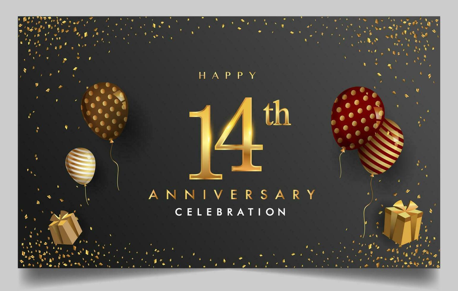 50 .. Jahre Jahrestag Design zum Gruß Karten und Einladung, mit Ballon, Konfetti und Geschenk Kasten, elegant Design mit Gold und dunkel Farbe, Design Vorlage zum Geburtstag Feier. vektor