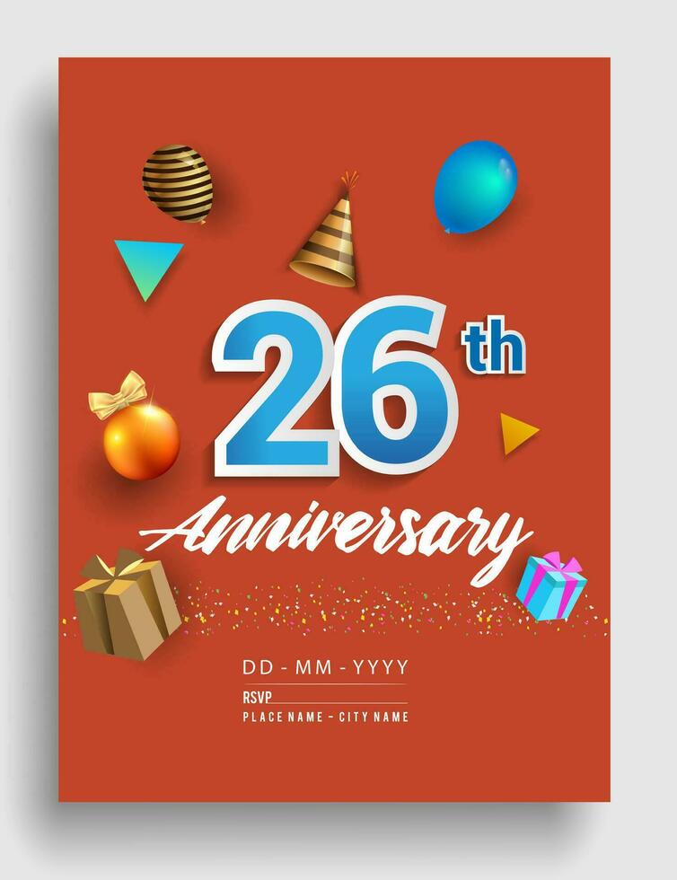 26: e år årsdag inbjudan design, med gåva låda och ballonger, band, färgrik vektor mall element för födelsedag firande fest.