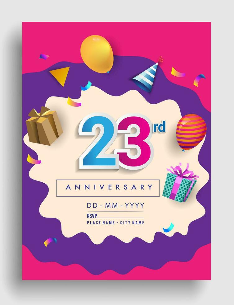 23: e år årsdag inbjudan design, med gåva låda och ballonger, band, färgrik vektor mall element för födelsedag firande fest.