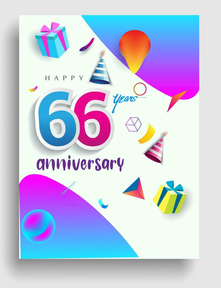 66 .. Jahre Jahrestag Einladung Design, mit Geschenk Box und Luftballons, Band, bunt Vektor Vorlage Elemente zum Geburtstag Feier Party.