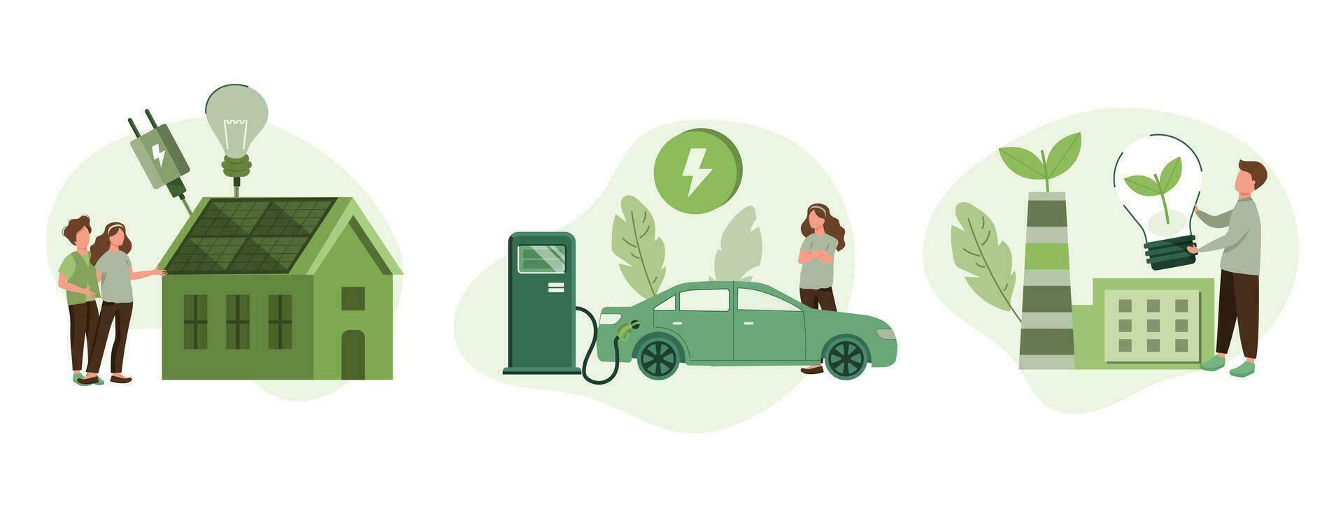 Grün Energie Illustration Satz. modern Öko Privat Haus mit Solar- Energie Paneele und Clever Zuhause Technologie. elektrisch Auto in der Nähe von Laden Bahnhof. verlängerbar Energie Konzept. Vektor Illustration.