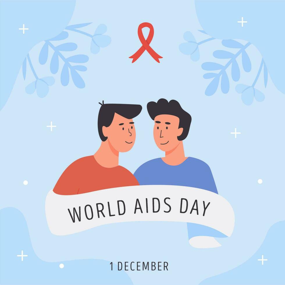 värld AIDS dag kort. Gay par med röd medvetenhet band. HIV och AIDS symbol eller emblem. social media posta eller baner mall. vektor illustration i platt stil.