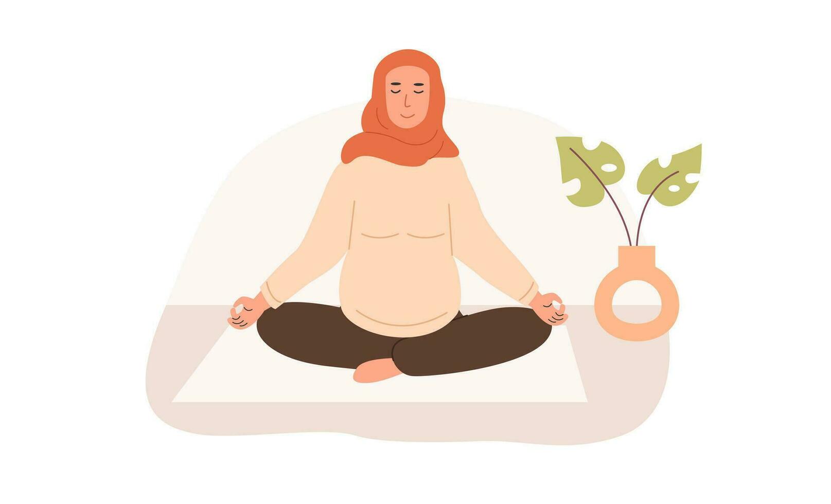 schwanger Muslim Frau meditieren beim heim. vorgeburtlich Yoga. modern arabisch Mama im Hijab Sitzung mit Beine gekreuzt üben Meditation. entspannend Übung während Schwangerschaft. eben Stil Vektor Illustration.