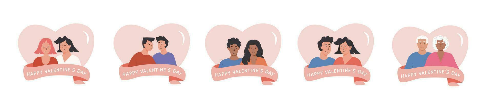 uppsättning av romantisk gift eller dejting par i hjärta form och rosa band med plats för text. Lycklig valentines dag mallar med olika, HBTQ, svart afrikansk och äldre partners. vektor illustration