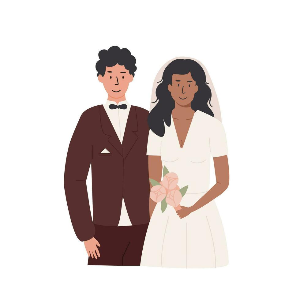 en brudgum och brud innehav signerad äktenskap avtal. interracial gift par med prenup dokumentera. nygifta med äktenskap avtal äktenskap certifikat på tropisk bakgrund. vektor illustration