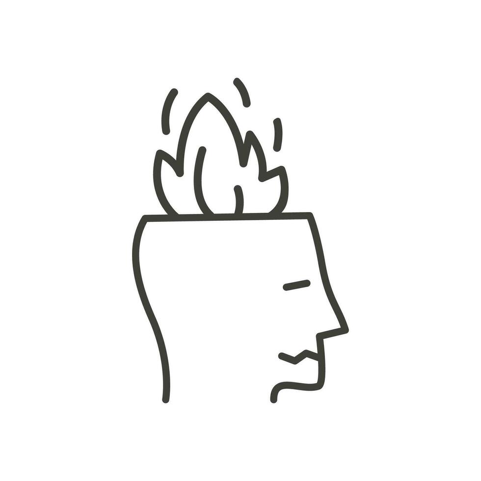 Mensch Kopf im Feuer Vektor Gliederung Symbol im Gekritzel Stil. Mann oder Frau Gefühl Stress beim arbeiten, Wut. Konzept von emotional Ausdruck von Ausbrennen oder Ärger. mental Erkrankung. psychologisch Symptom.