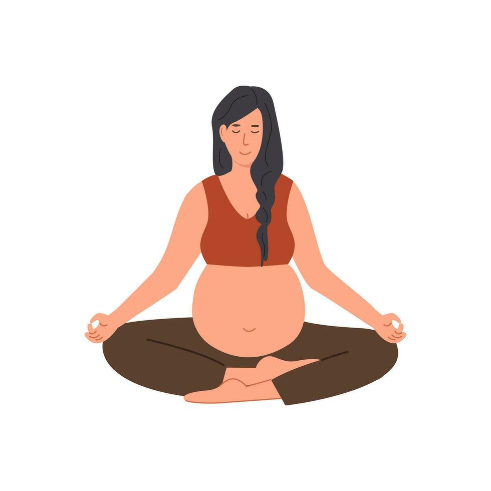 schwanger Frau meditieren beim heim. vorgeburtlich Yoga. Frau Sitzung mit Beine gekreuzt üben Meditation. entspannend Übung während Schwangerschaft. Mutter mit Bauch auf ein Matte. eben Stil Vektor Illustration.