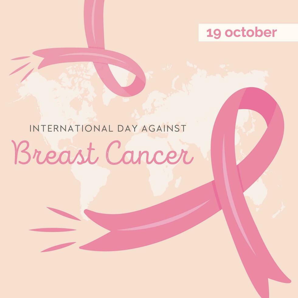 bröst cancer medvetenhet månad kort. vektor fyrkant baner mall med rosa tecknad serie band. bröst- cancer solidaritet kampanj. tidigt upptäckt sparar liv rubrik. illustration i platt stil.