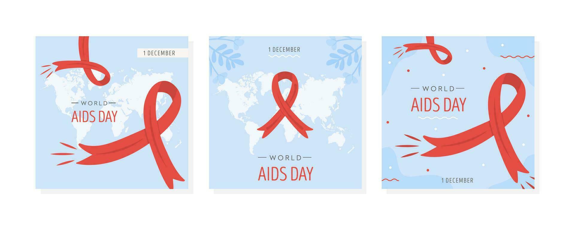 uppsättning av värld AIDS dag kort. röd medvetenhet band med värld Karta på bakgrund. HIV symbol eller emblem. social media posta eller fyrkant baner mall. vektor illustration i platt stil.