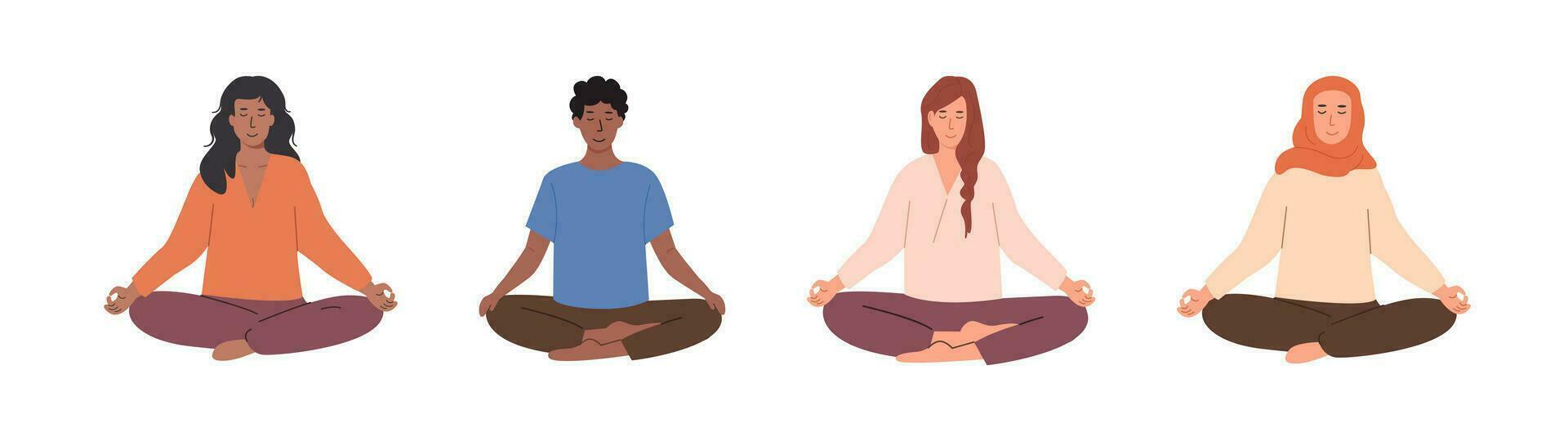 einstellen von vielfältig weiblich und männlich Menschen meditieren und tun Yoga Atmung Übung. Alten und jung Frau und Mann üben Meditation. Vektor Illustration Zeichen isoliert auf Weiß Hintergrund.