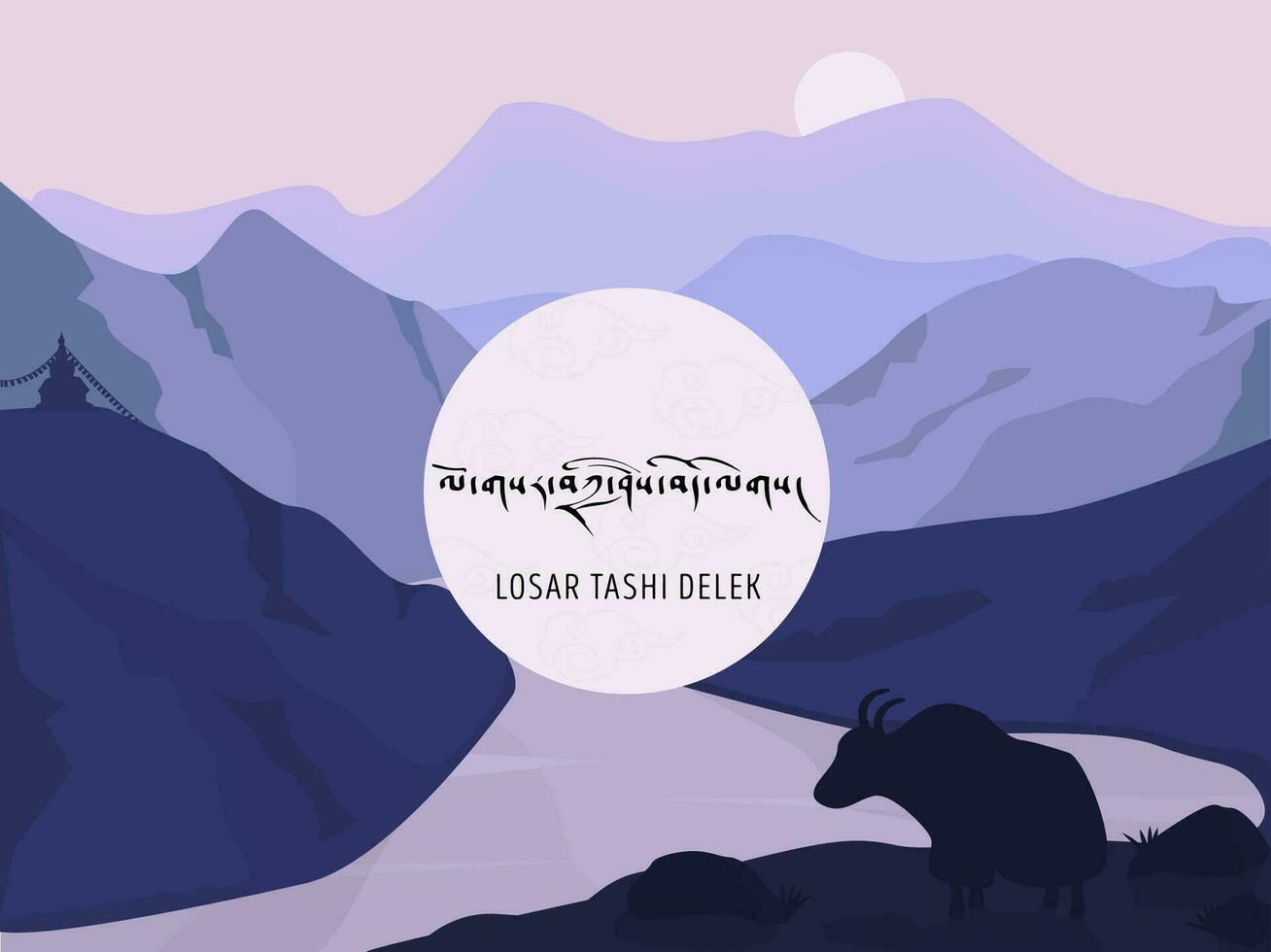 losar Tashi delek horizontal Poster oder Plakat mit Himalaya Berg Landschaft. traditionell Nomade Tier Yak und Buddhist stupa auf Hintergrund. tibetanisch Übersetzung glücklich Neu Jahr. Vektor Illustration.