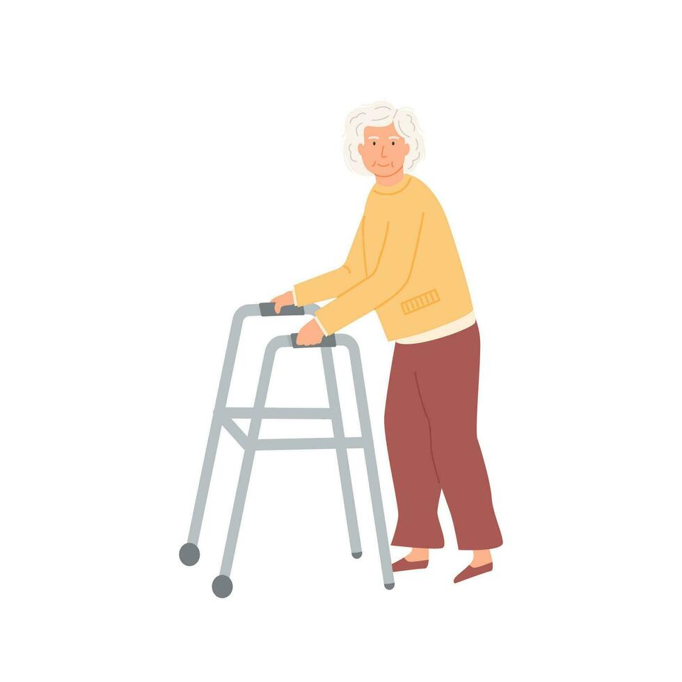 Alten geduldig Gehen mit ein Hilfe von Gehhilfe. Senior weiblich im orthopädisch Therapie Rehabilitation. alt Alter Frau mit Behinderung, rehabilitieren physisch Aktivität, Physiotherapie. Vektor Illustration.
