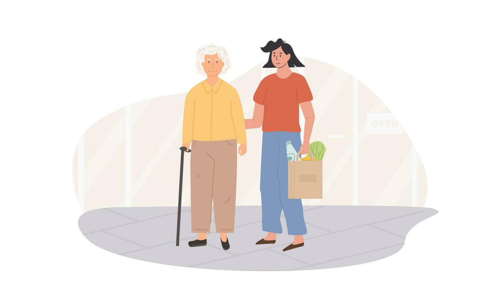 en sjuksköterska eller kvinna läkare och gammal ålder kvinna på rullstol utomhus. volontär- portion äldre lady. scen av social arbetstagare med senior person i natur. assisterad levande begrepp. vektor illustration.