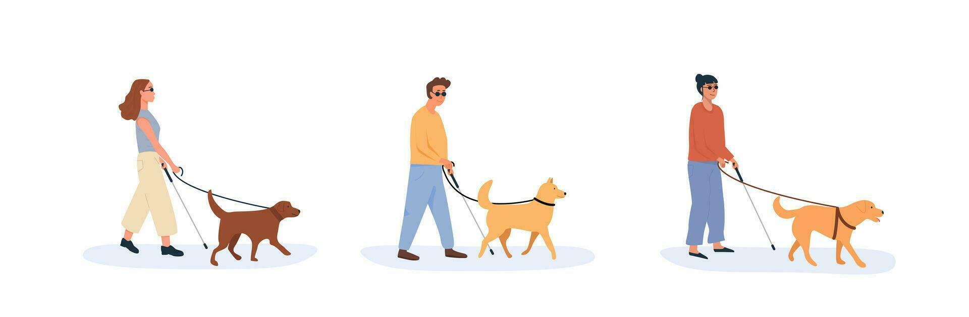 en guide hund med blind person gående tillsammans. uppsättning av människor med handikapp använder sig av hjälp av hund. samling av platt stil tecken. vektor illustration.