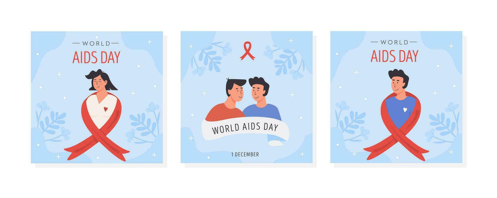 uppsättning av värld AIDS dag kort. en kvinna, manlig och Gay par med röd medvetenhet band. social media posta, fyrkant baner mallar med människor och HIV symbol eller emblem. vektor illustration i platt stil