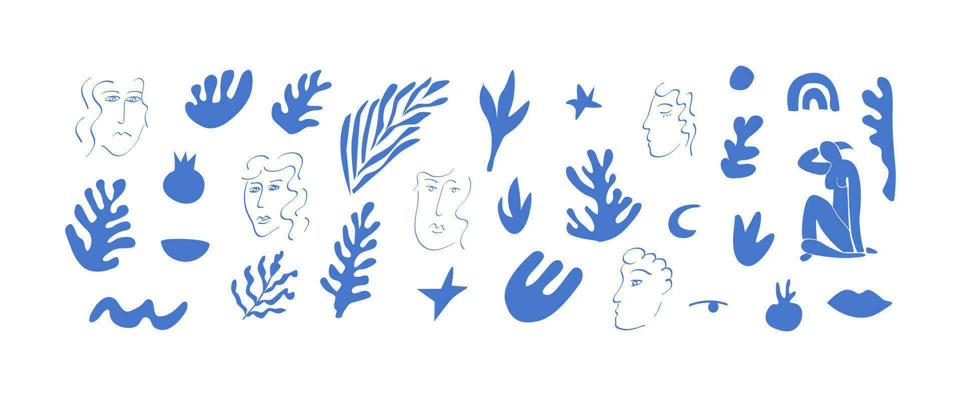 stor samling av organisk former i freehand matisse inspirerad konst stil. uppsättning av trendig klotter abstrakt mitten århundrade element på isolerat vit bakgrund. vektor illustration i platt stil.