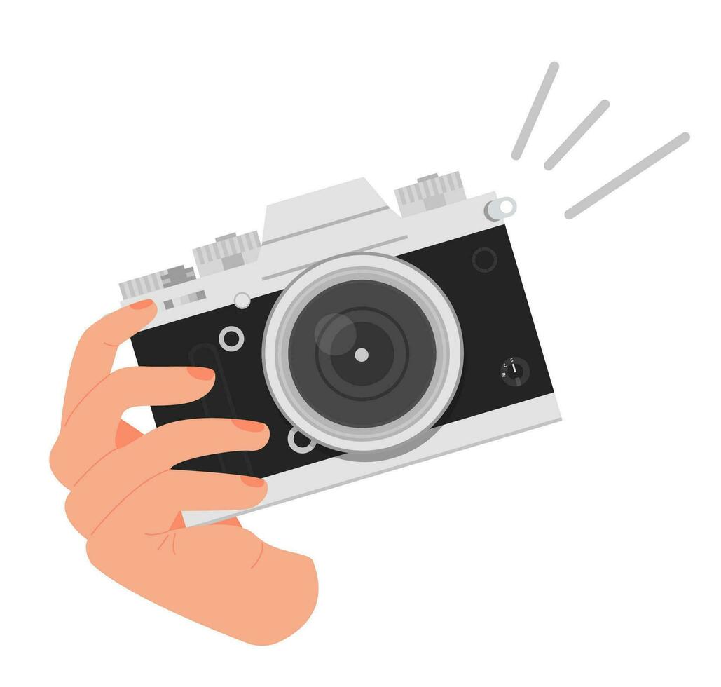 Welt Fotografie Tag Gruß Karte. Platz Banner mit ein Hand halten Digital Kamera im retro sehen. Hintergrund mit Welt Karte. Vektor Illustration im eben Karikatur Stil.