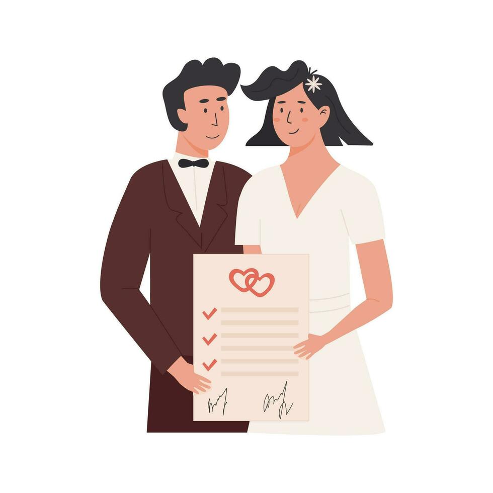 en brudgum och brud innehav signerad äktenskap avtal. Lycklig gift par med prenup dokumentera. nygifta med äktenskap avtal och äktenskap certifikat. vektor illustration isolerat på vit.