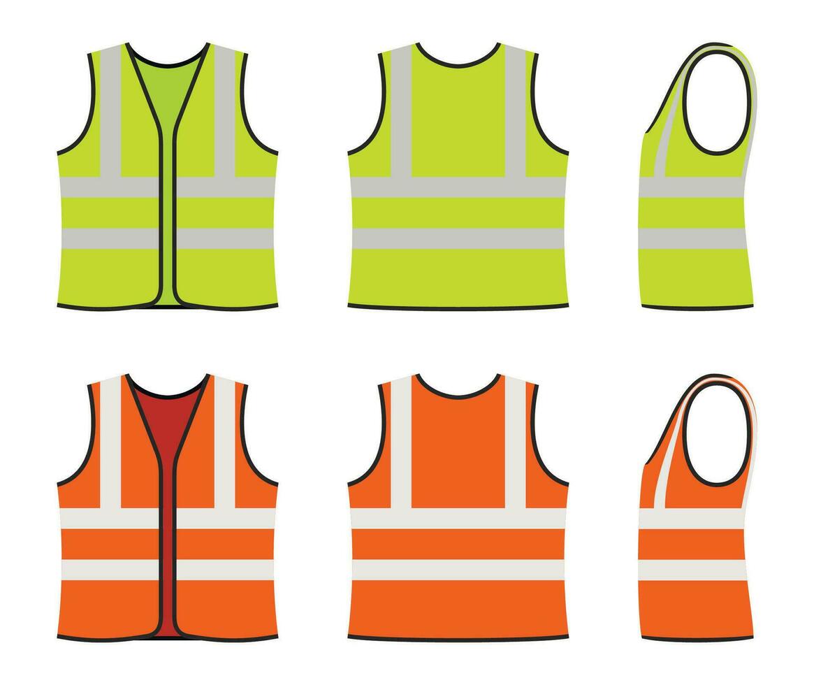 uppsättning av orange och gul säkerhet västar isolerat på vit bakgrund. säkerhet Kläder med reflekterande Ränder. främre, tillbaka och sida se. ikon av säker enhetlig för arbetare. vektor illustration