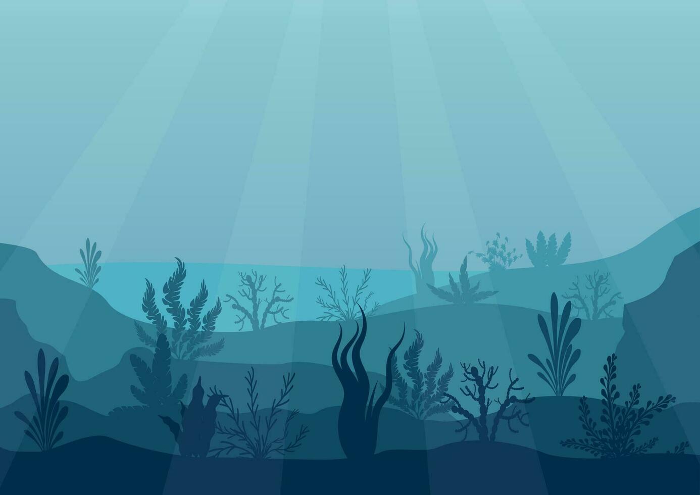 unter Wasser Ozean Szene. tief Blau Wasser, Koralle Riff und unter Wasser Pflanzen. Marine Meer Unterseite Silhouette mit Seetang, Algen und Koralle. Vektor Illustration Hintergrund.