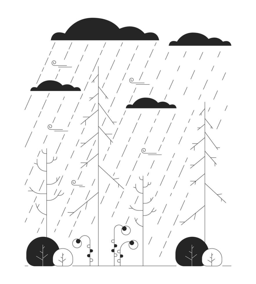 höst regnig väder svart och vit tecknad serie platt illustration. falla säsong regn 2d linjekonst landskap isolerat. dyster oktober, september. tung regn parkera svartvit scen vektor översikt bild