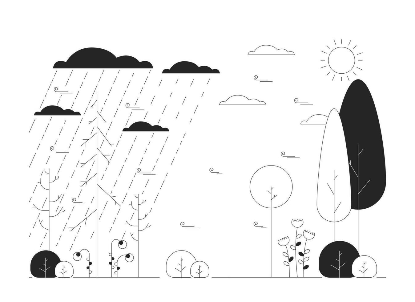 Natur Jahreszeiten Ändern schwarz und Weiß Karikatur eben Illustration. regnerisch Schlecht Wetter Transit zu sonnig Tag 2d lineart Landschaft isoliert. Frühling Winter einfarbig Szene Vektor Gliederung Bild