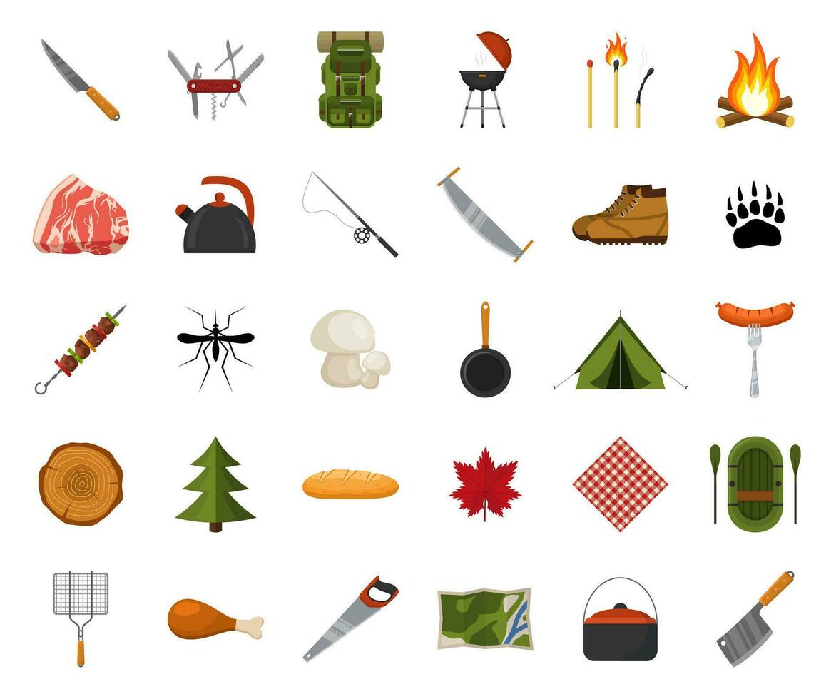 Camping und Wandern Symbol Satz. Wald Wanderung Elemente. Lager Ausrüstung Backpacker Sammlung Tourist Zelt, Rucksack, Essen, Grill, Boot, Schuhe, Lagerfeuer und andere Camping Ausrüstung. Fernweh erkunden Abenteuer vektor