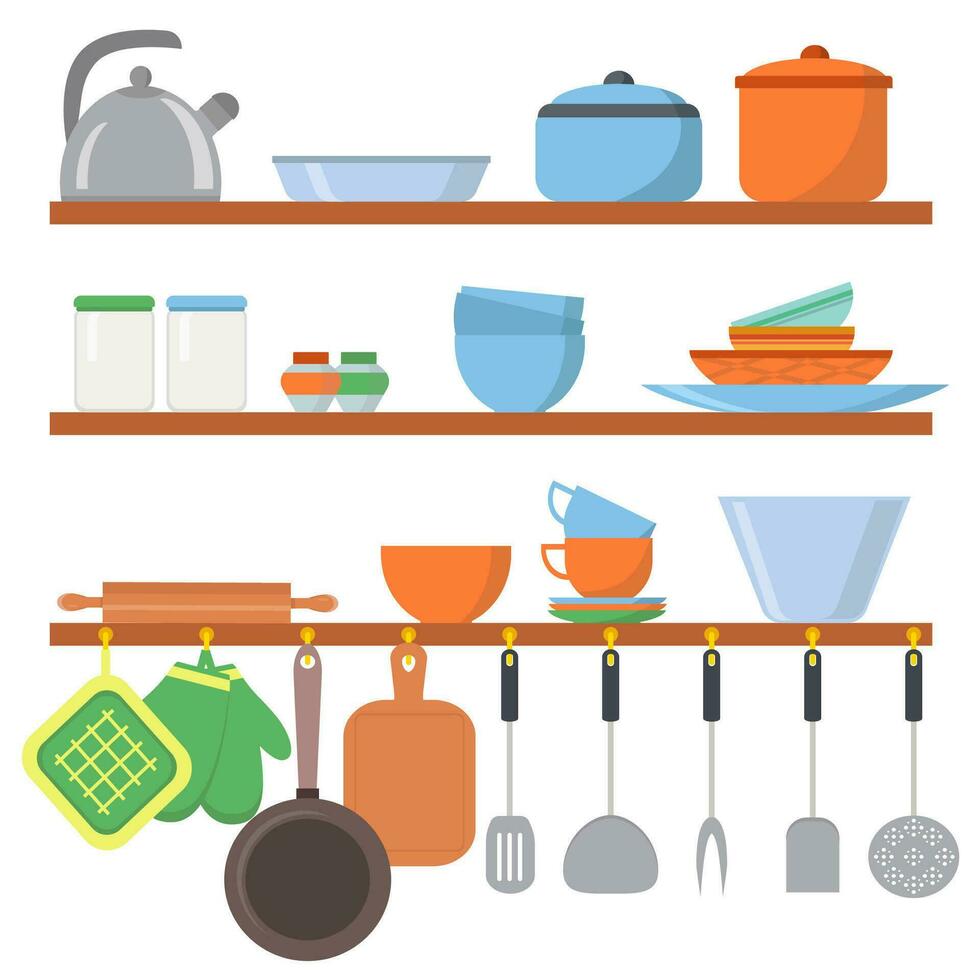 Küche Ausrüstungen und Utensilien groß einstellen Symbole auf Regal isoliert auf Weiß Hintergrund. Kochen Werkzeuge Objekte Sammlung. Geschirr im eben Stil vektor