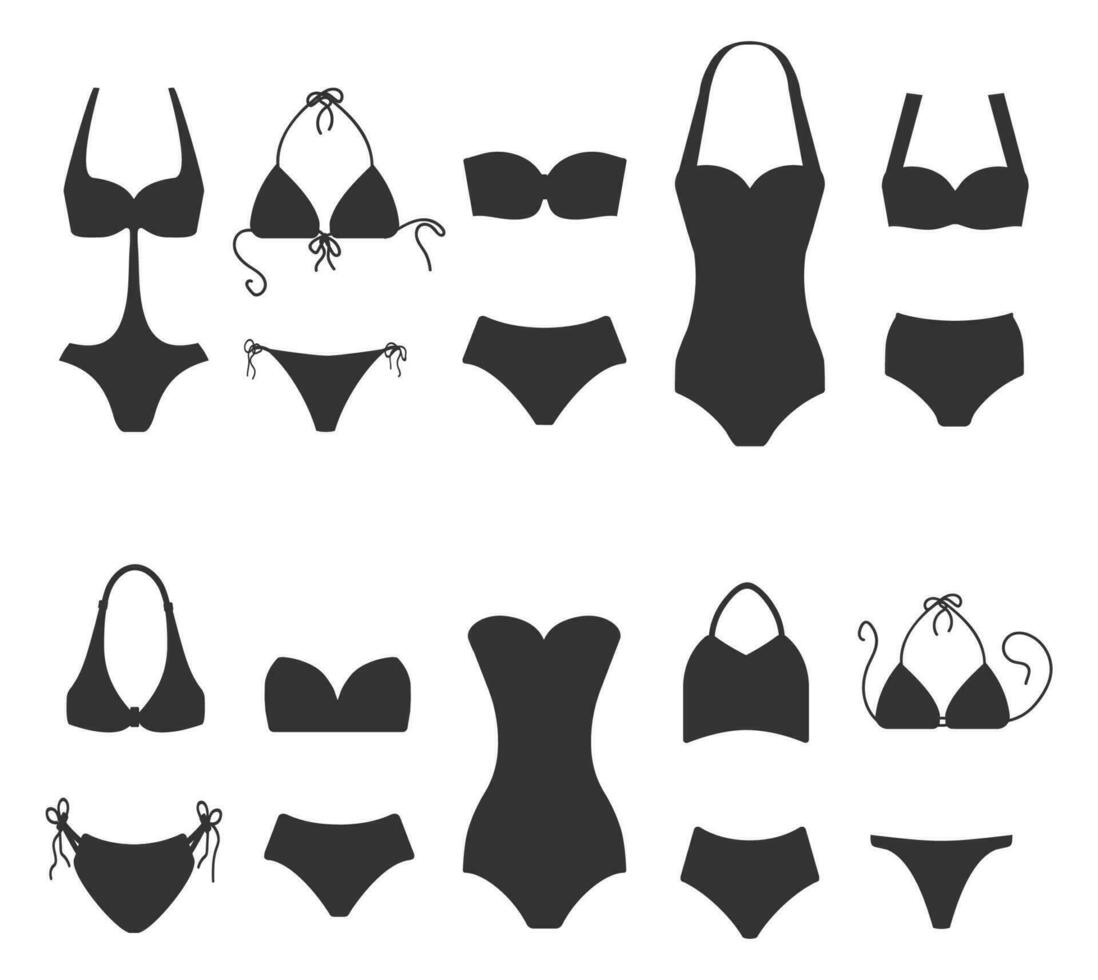 einstellen von Frauen Badeanzug Symbole isoliert auf Weiß Hintergrund. Bikini Baden Anzüge Silhouetten zum Baden. Mode Bikini, tankin und Monokini Sammlung. Vektor Illustration