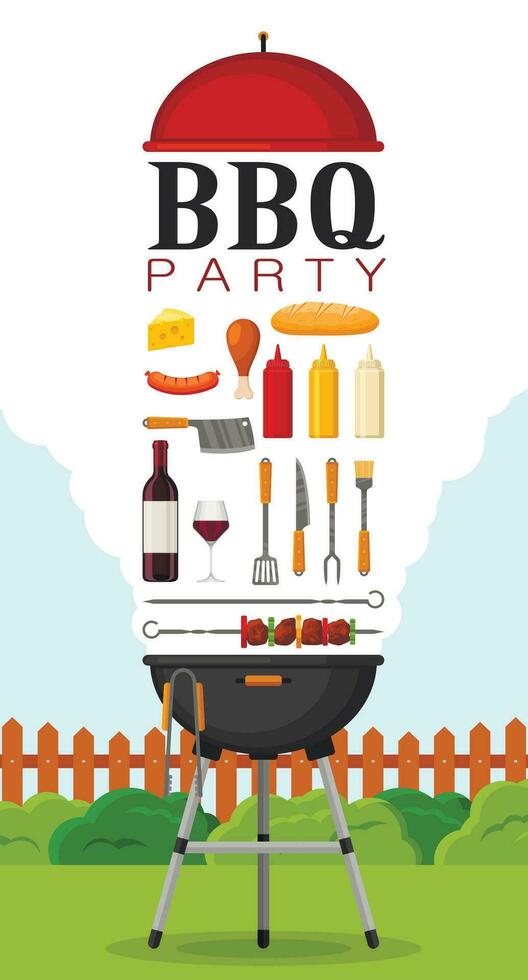 Grill Party Poster Einladung mit Grill und Lebensmittel. Grill Grill Elemente Satz. Fleisch Restaurant beim heim. Holzkohle Kessel mit Werkzeug, Soße und Lebensmittel. Küche Ausrüstung zum Speisekarte. Kochen draußen vektor