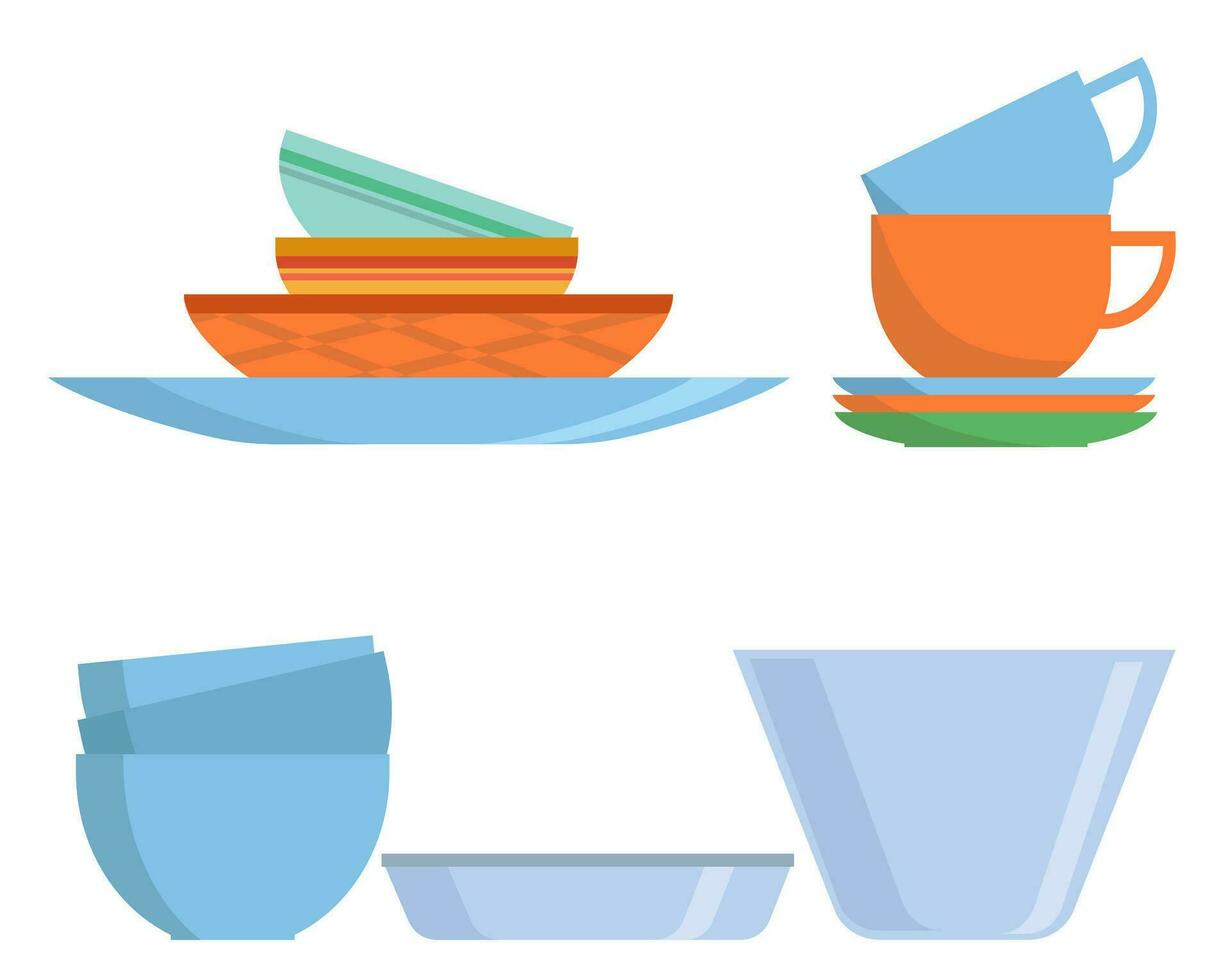 Kochgeschirr einstellen Symbol im eben Stil. bunt Geschirr isoliert auf Weiß Hintergrund. Küche Haushalt Besteck, Tassen und Keramik Platte. Geschirr und Geschirr. Vektor Illustration