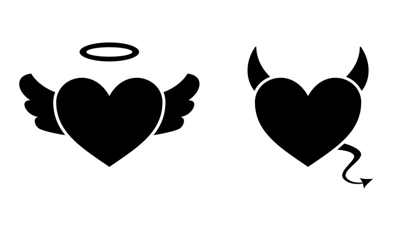 hjärta med jäkel horn och en svans och hjärta med ängel vingar och halo isolerat på vit bakgrund, jäkel kärlek. valentine dag begrepp, vektor illustration