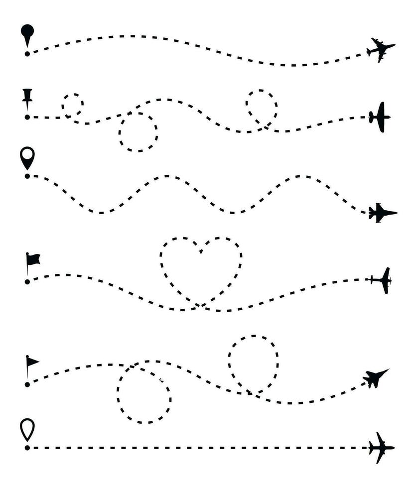 Flugzeug Route Satz, gestrichelt Linie Spur und Flugzeug Routen isoliert auf Weiß. Flugzeug Linie Weg, Flugzeuge und Stifte Symbole. Flugzeug gerichtet Weg, Karte gepunktet Weg und fliegen Richtung. Vektor