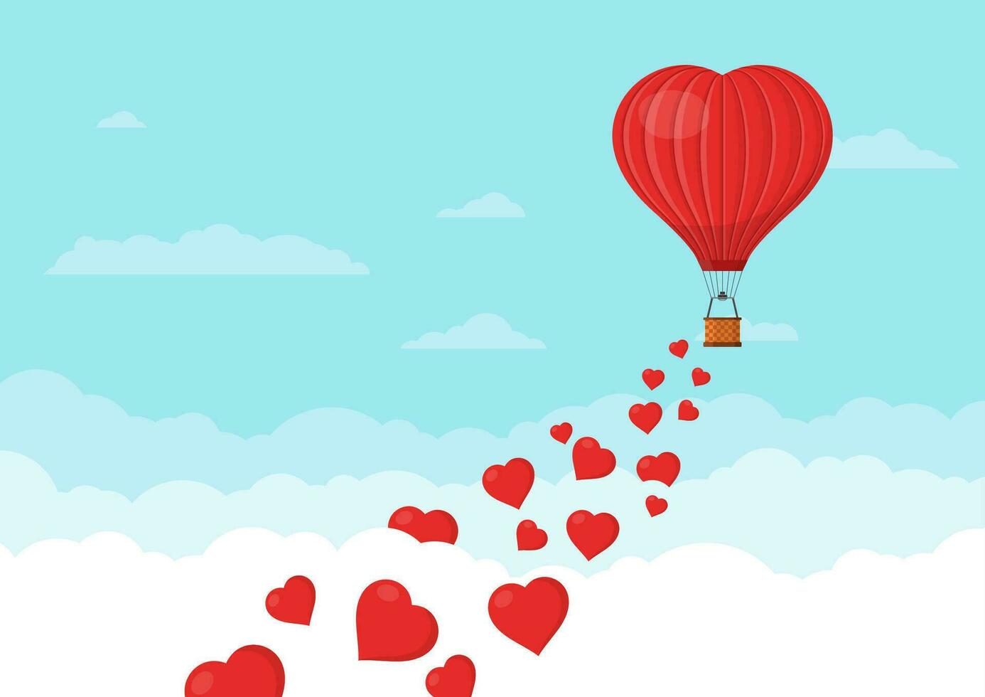 röd hjärta luft ballonger flygande i de blå himmel med moln. helgon hjärtans dag hälsning kort. varm luft ballong form av en hjärta med korg. vektor illustration