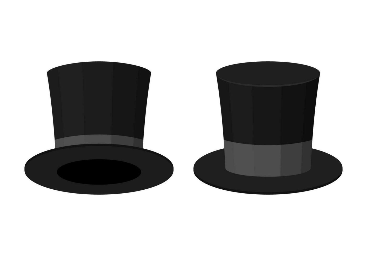 schwarz oben Hut isoliert auf Weiß Hintergrund. Zylinder Gentleman Hut, breitrandig Magie Hut mit grau Schleife. stilvoll Männer Zubehörteil. Vektor Illustration.