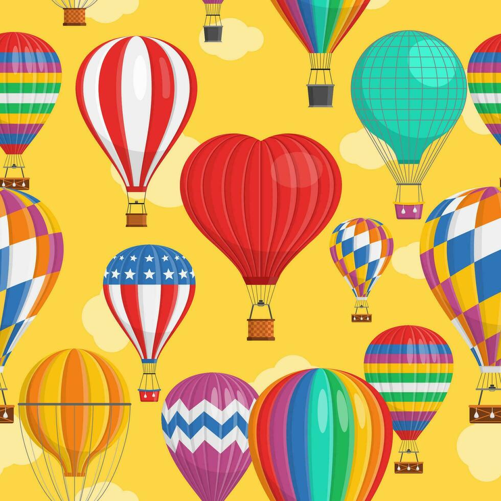 aerostat ballong transport med korg och moln flygande i kväll himmel sömlös mönster tecknad serie luftballong annorlunda former ballongflygning äventyr flyg, ballongfyllda reser flygande, bakgrund vektor