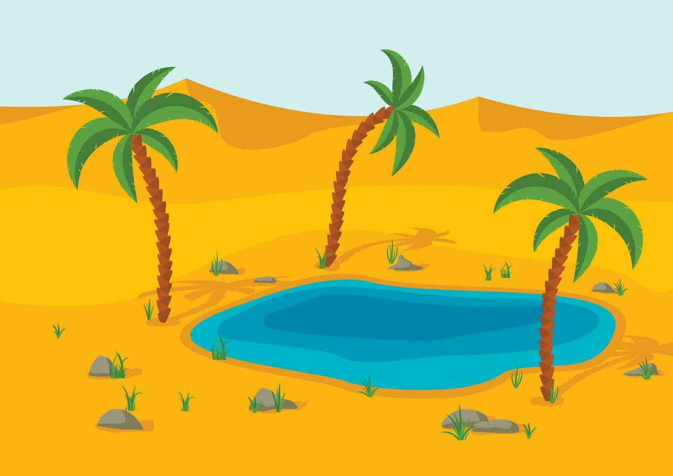 Oase, See und Palmen im das Wüste. Sand Dünen Wüste Landschaft. schön Natur Landschaft. Vektor Illustration