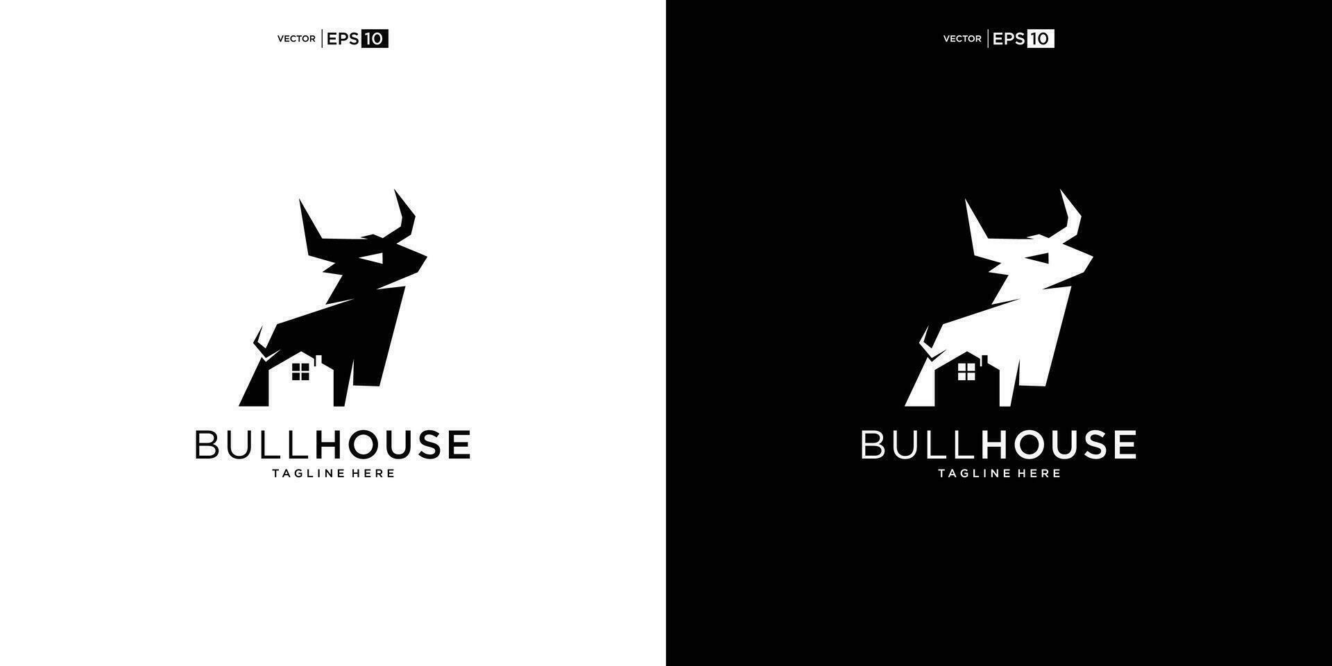 Büffel Stier Bison mit Haus Logo Design Vektor Symbol Silhouette Illustration