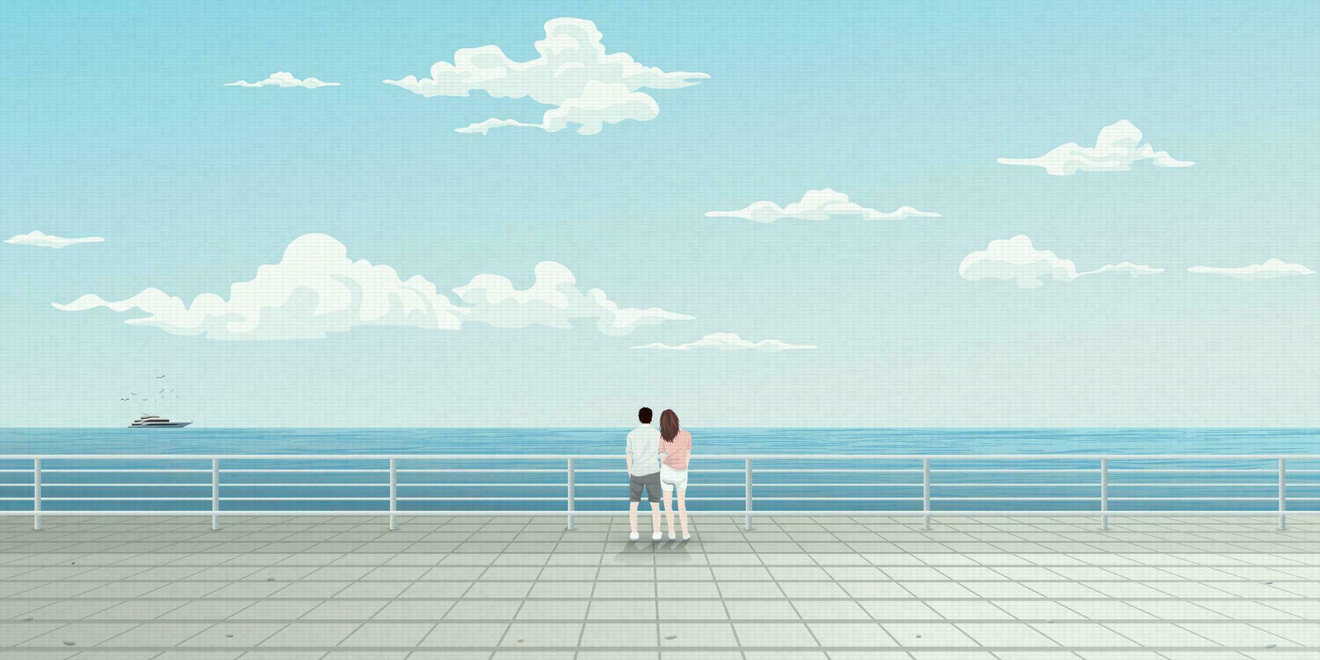 Paar von Liebhaber beim Aussicht Punkt von tropisch Blau Meer Vektor Illustration. Reise von Schatz Konzept eben Design.