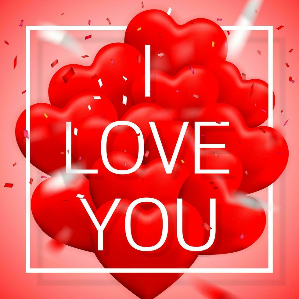 ich Liebe Du, glücklich Valentinsgrüße Tag Hintergrund, rot Ballon im bilden von Herz mit Bogen und Schleife. Vektor Illustration