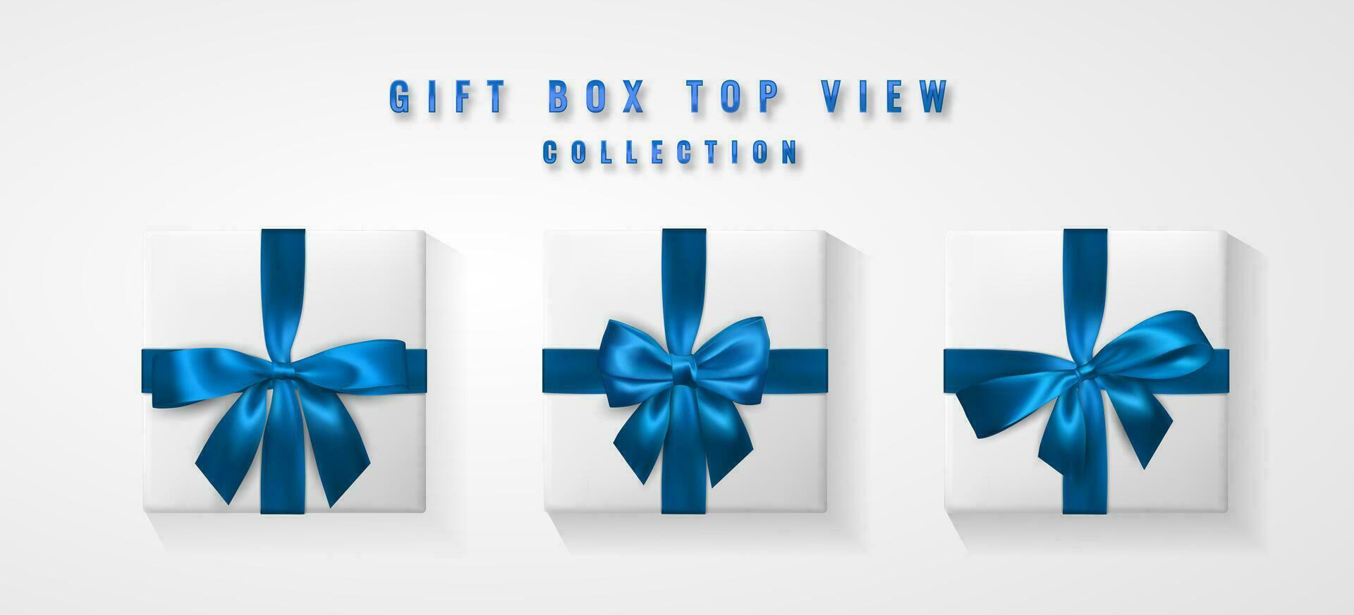 einstellen Weiß Geschenk Box mit Blau Bogen und Band oben Sicht. Element zum Dekoration Geschenke, Grüße, Feiertage. Vektor Illustration